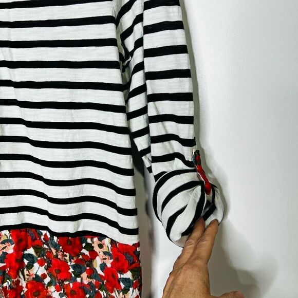 Postmark Anthropologie Black White Stripe Red Poppy Floral Layered Top Blouse Bu - Picture 7 of 13